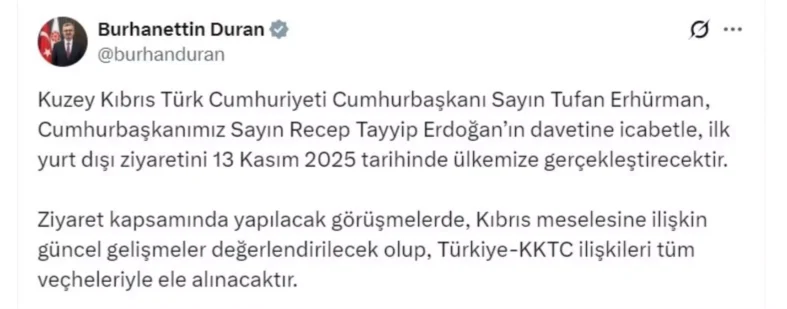 KKTC Cumhurbaşkanı Erhürman, 13 Kasım'da Türkiye'yi ziyaret edecek
